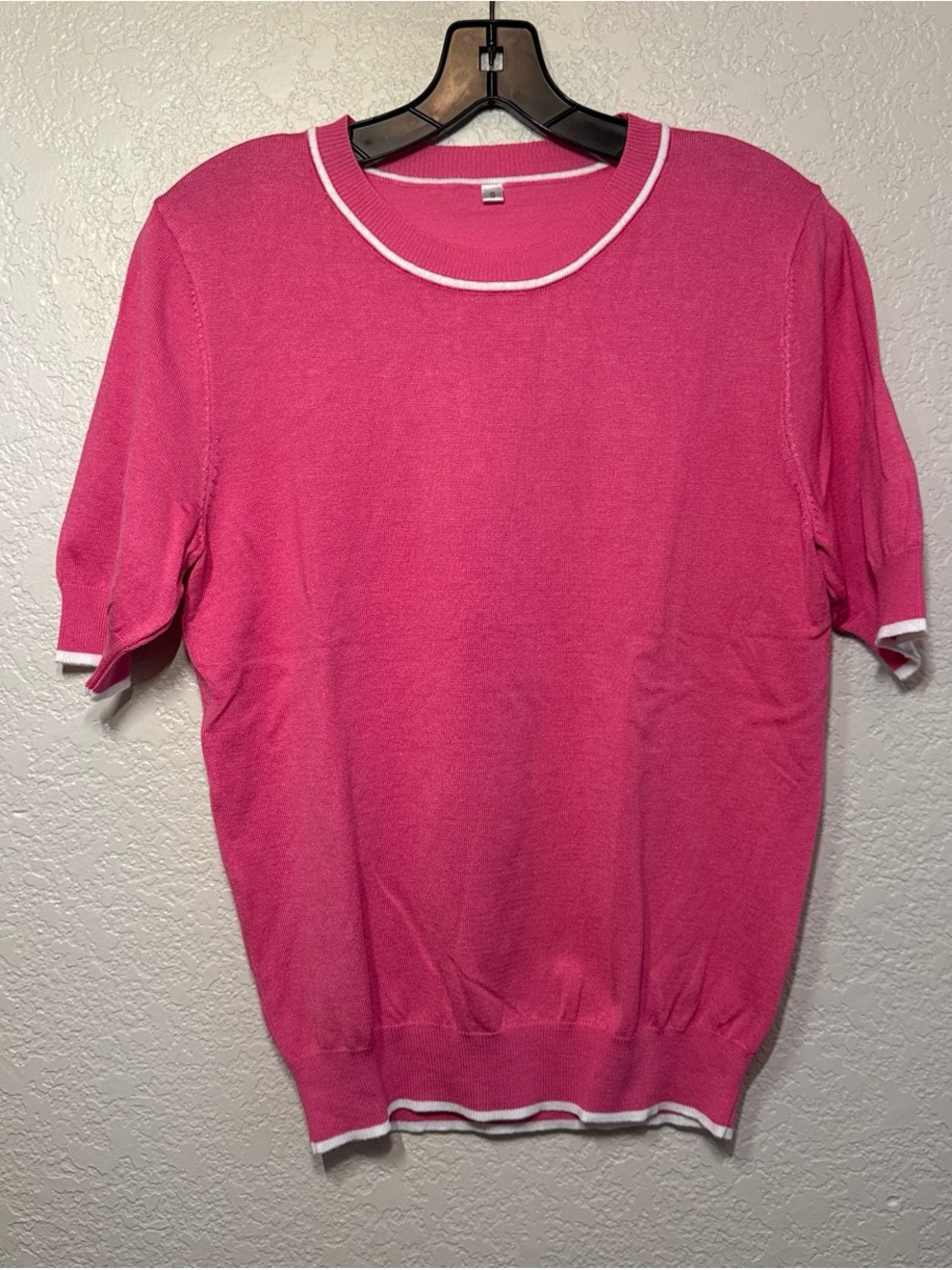 Bright Pink Short Sleeve Sweater with White Trim